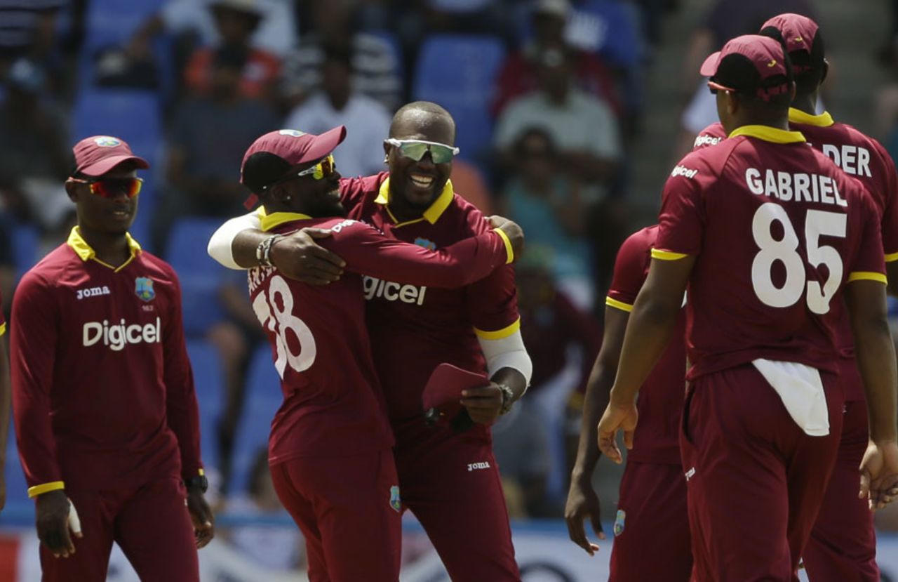 Ashley Nurse celebrates a wicket, West Indies v England, 1st ODI, Antigua, March 3, 2017