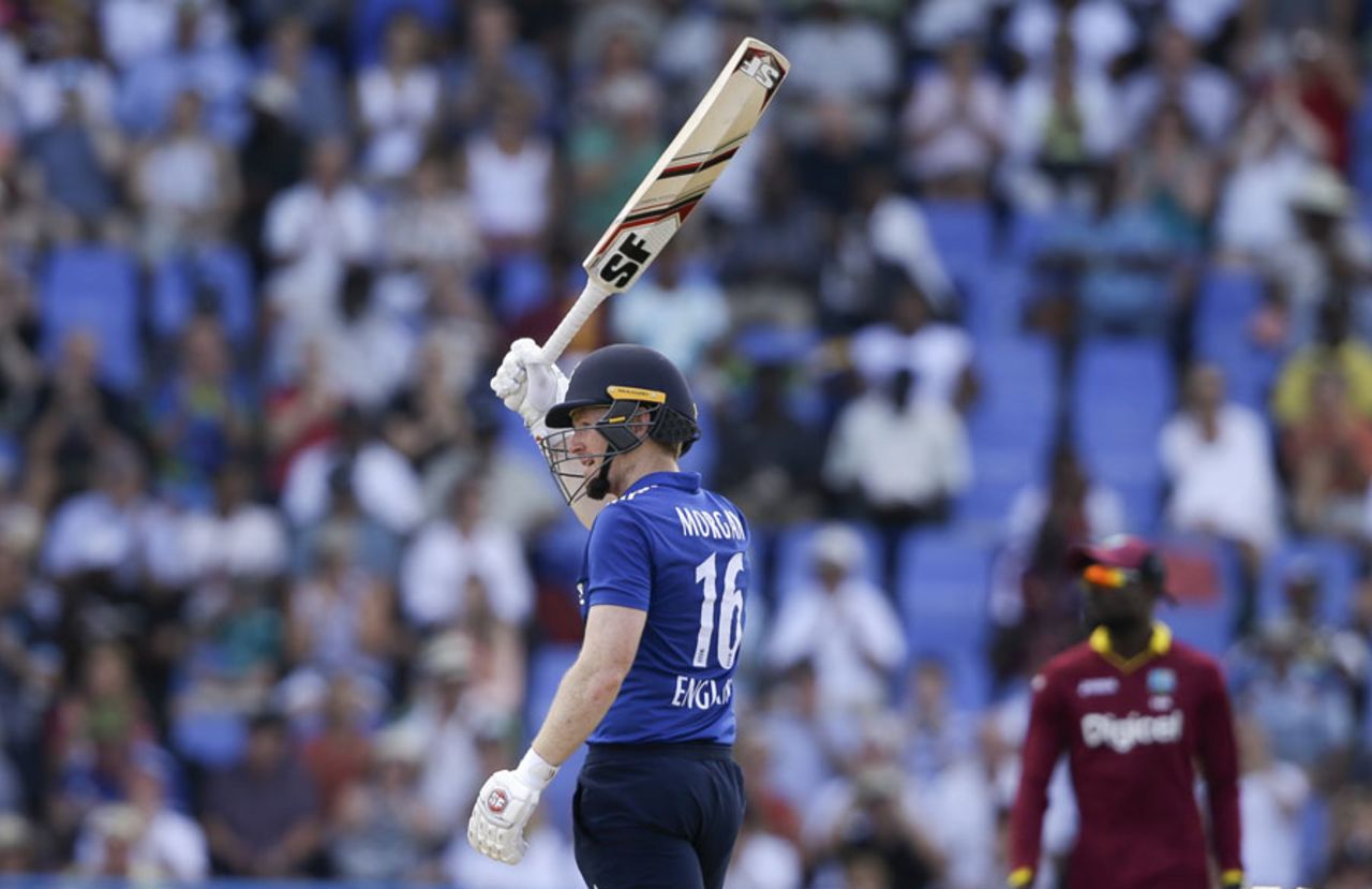 Eoin Morgan acknowledges his 10th ODI hundred, West Indies v England, 1st ODI, Antigua, March 3, 2017