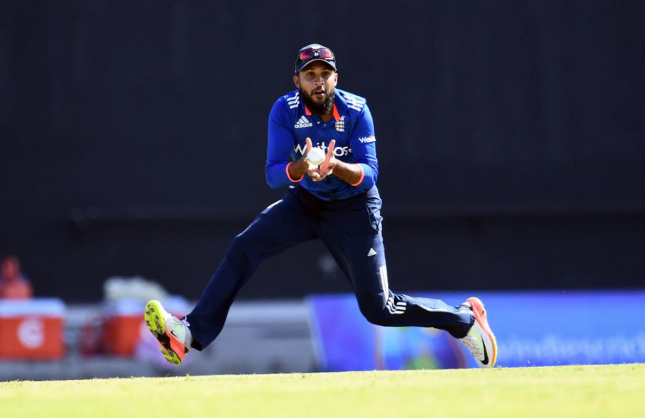 Adil Rashid completes the catch to claim the wicket of Kraigg Brathwaite, West Indies v England, 1st ODI, Antigua, March 3, 2017