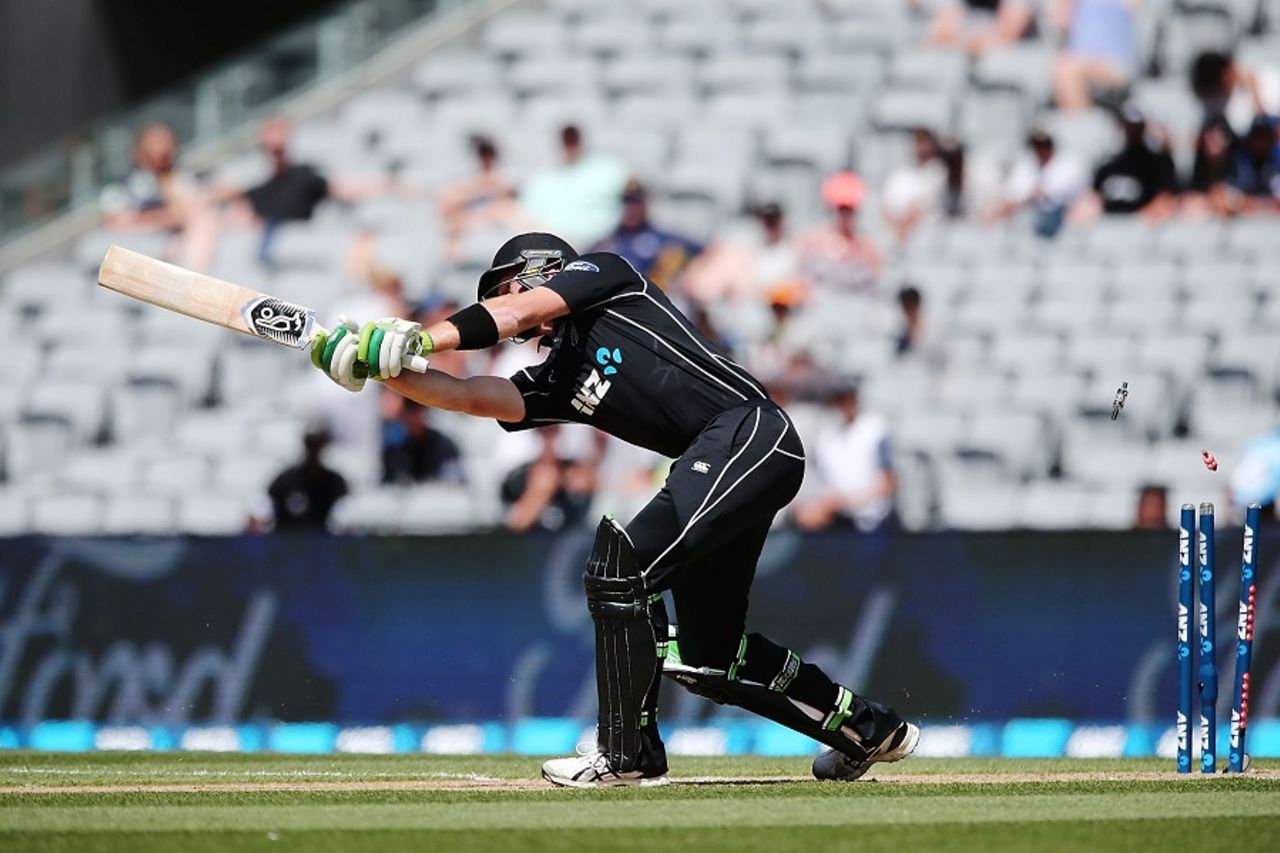 Martin Guptill lost his stumps after yorking himself, New Zealand v South Africa, 5th ODI, Auckland, March 4, 2017