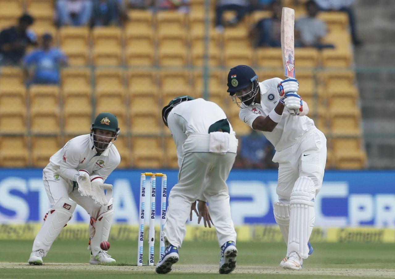 KL Rahul drives past silly point, India v Australia, 2nd Test, 1st day, Bengaluru, March 4, 2017