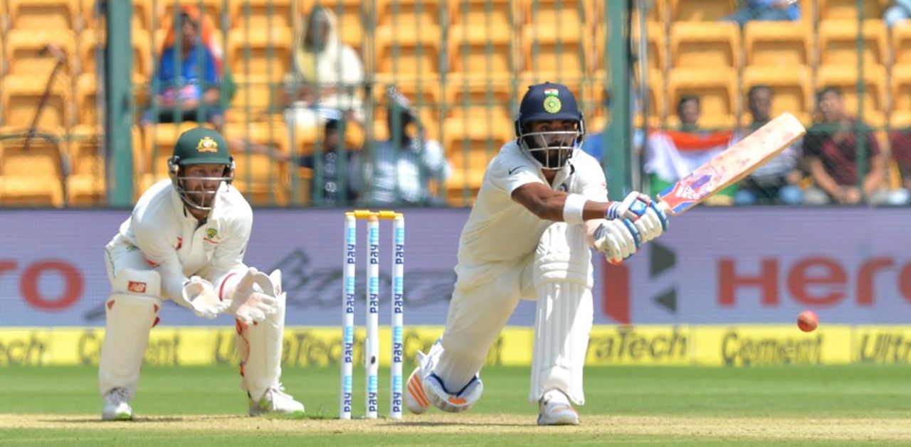 KL Rahul shapes to play a reverse-sweep, India v Australia, 2nd Test, 1st day, Bengaluru, March 4, 2017