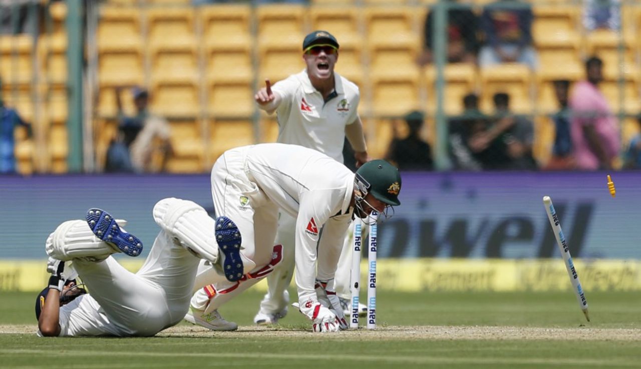 Matthew Wade completes the stumping of Ajinkya Rahane, India v Australia, 2nd Test, 1st day, Bengaluru, March 4, 2017