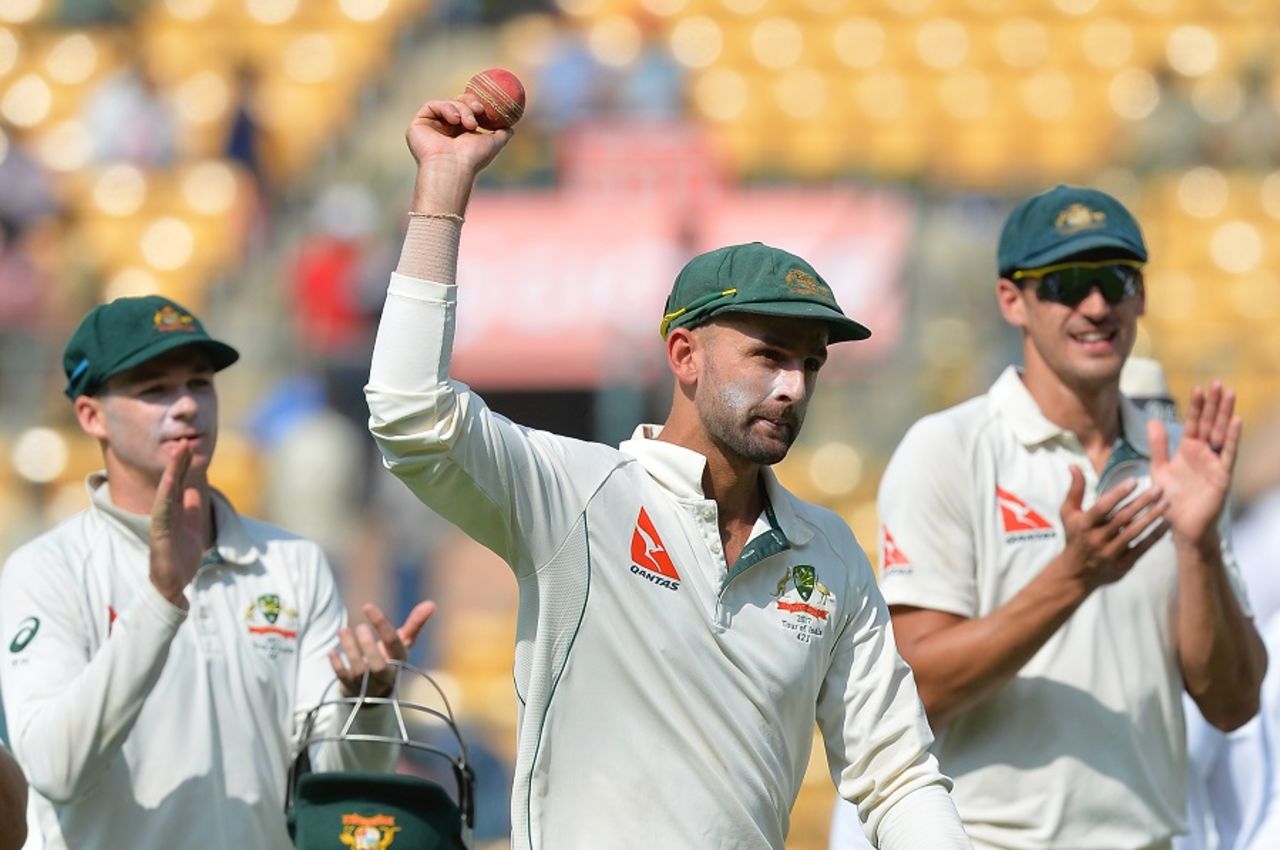 Nice Garry: Nathan Lyon holds the ball aloft up claiming 8 for 50, India v Australia, 2nd Test, 1st day, Bengaluru, March 4, 2017