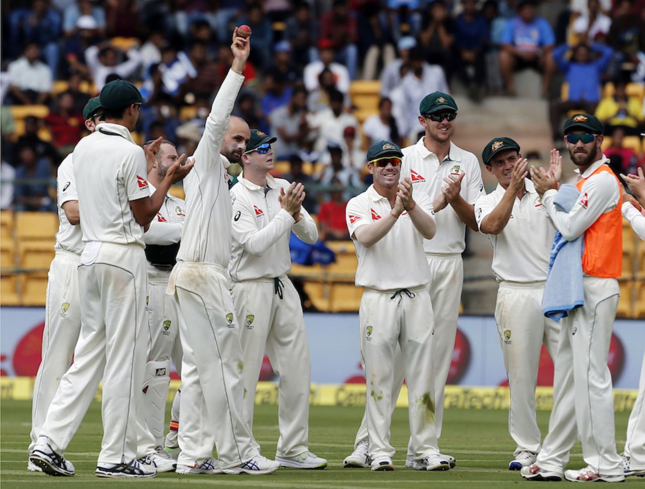Nathan Lyon gets an applause after his five-for, India v Australia, 2nd Test, 1st day, Bengaluru, March 4, 2017