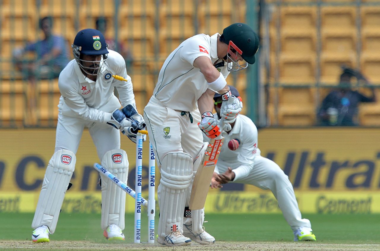 David Warner had his off stump uprooted by R Ashwin, India v Australia, 2nd Test, Bengaluru, 2nd day, March 5, 2017