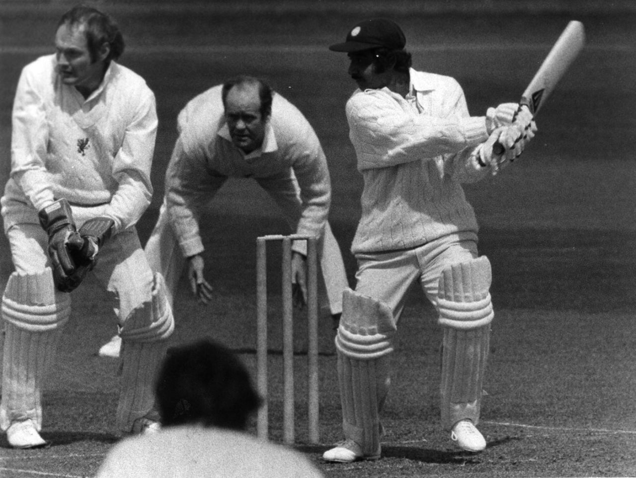 Gundappa Viswanath cuts watched by keeper Derek Taylor and slip fielder Brian Close, Somerset v Indians, Taunton, 3rd day, May 3, 1974