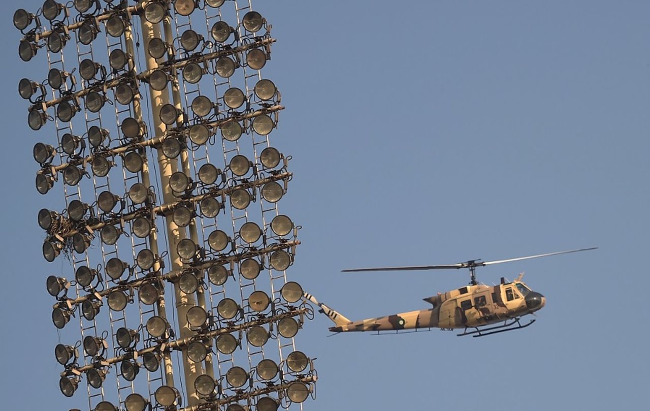 A Pakistani Army helicopter patrols over the Gaddafi Stadium ahead of the final, Peshawar Zalmi v Quetta Gladiators, PSL 2016-17, final, Lahore, March 5, 2017