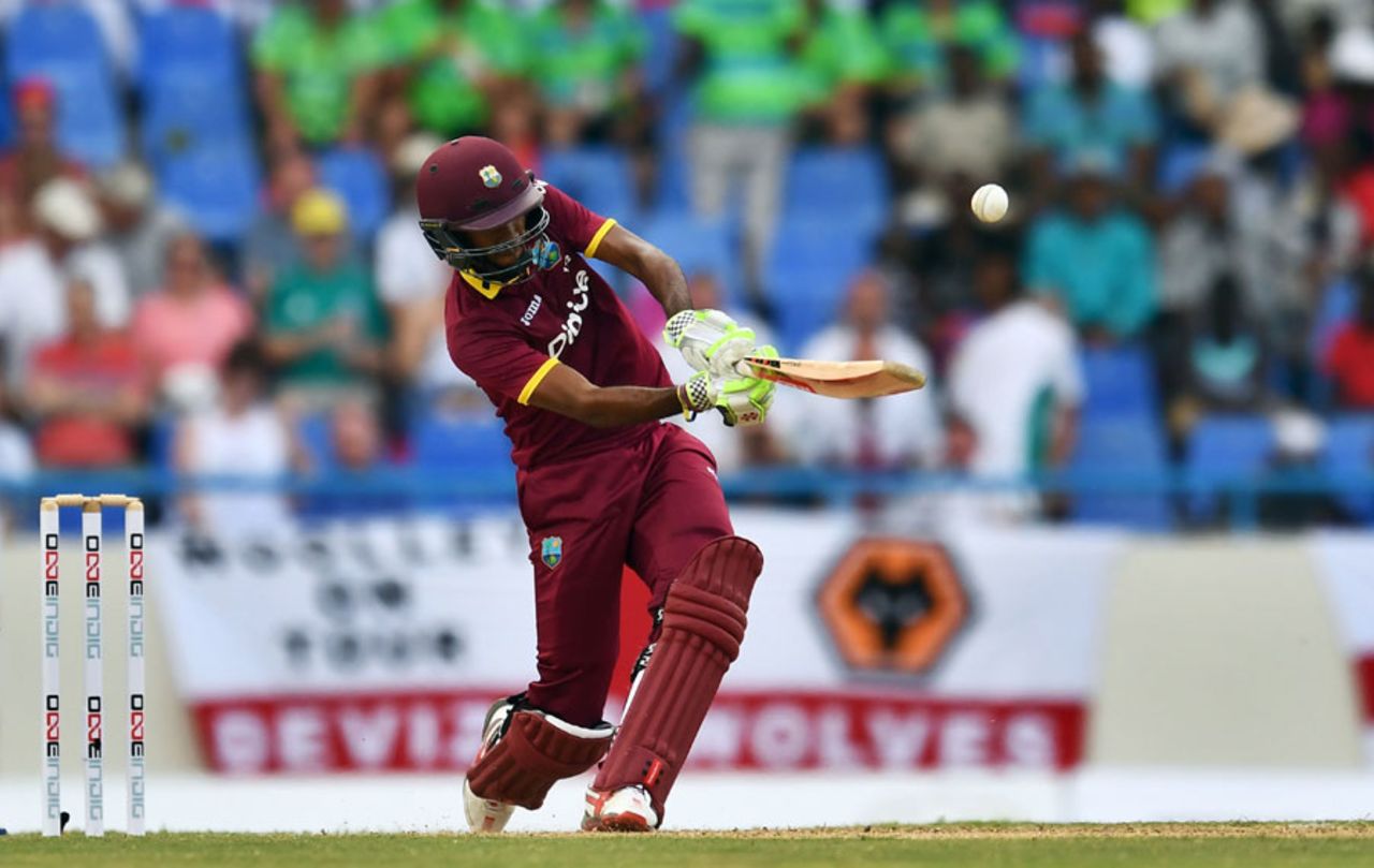 Kraigg Brathwaite lifts down the ground in a rare show of aggression, West Indies v England, 2nd ODI, Antigua, March 5, 2017