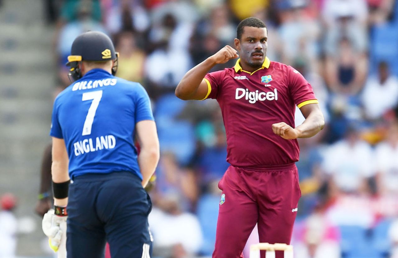 Shannon Gabriel removed Sam Billings first ball, West Indies v England, 2nd ODI, Antigua, March 5, 2017