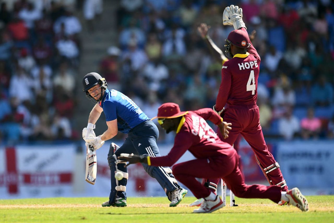 Eoin Morgan fell lbw to Ashley Nurse for 7, West Indies v England, 2nd ODI, Antigua, March 5, 2017
