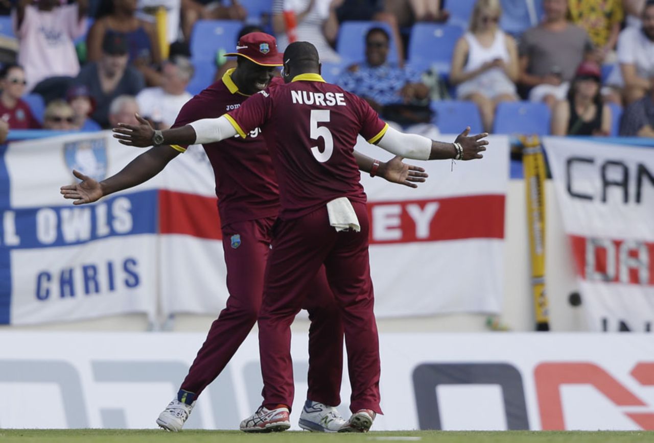 Two to tango: Carlos Brathwaite and Ashley Nurse show off some moves, West Indies v England, 2nd ODI, Antigua, March 5, 2017
