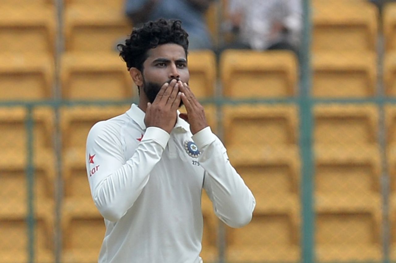 Ravindra Jadeja reacts after taking a wicket, India v Australia, 2nd Test, Bengaluru, 3rd day, March 6, 2017