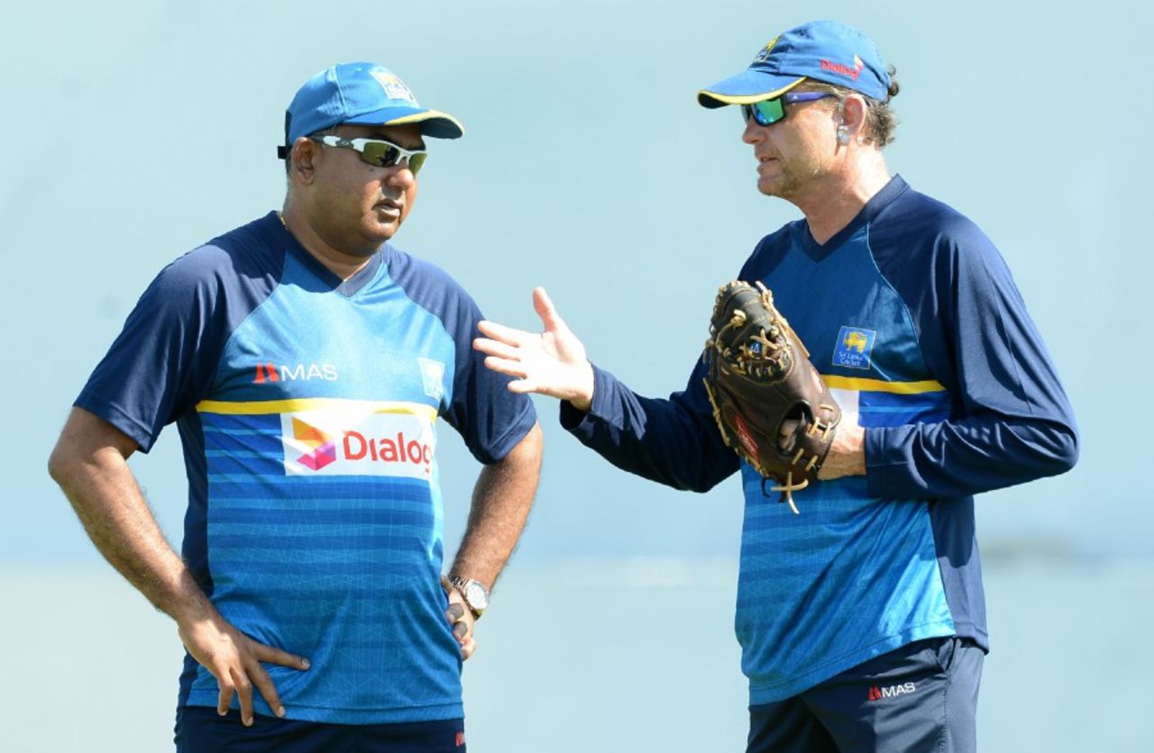 Coach Graham Ford and manager Asanka Gurusinha have a chat, Galle, March 6, 2017