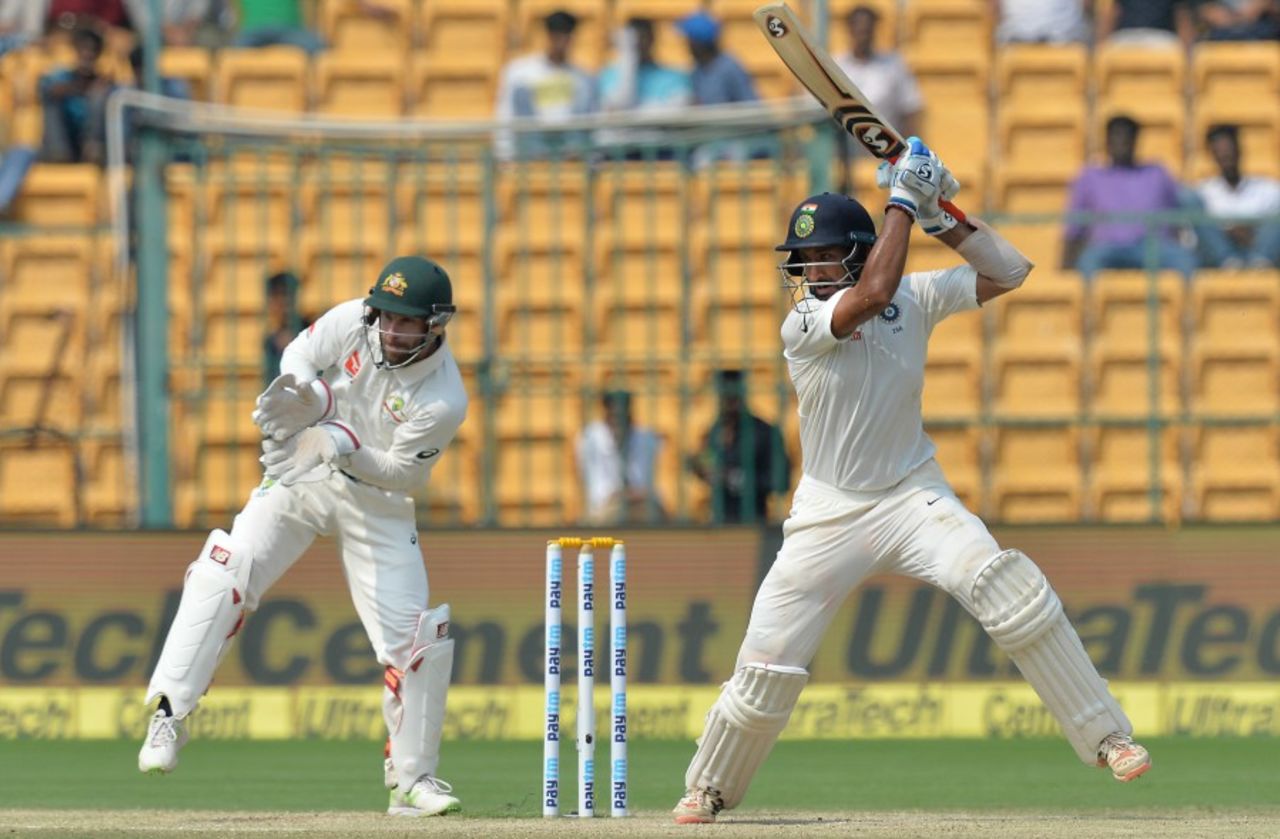 Cheteshwar Pujara punches off the back foot, India v Australia, 2nd Test, Bengaluru, 3rd day, March 6, 2017
