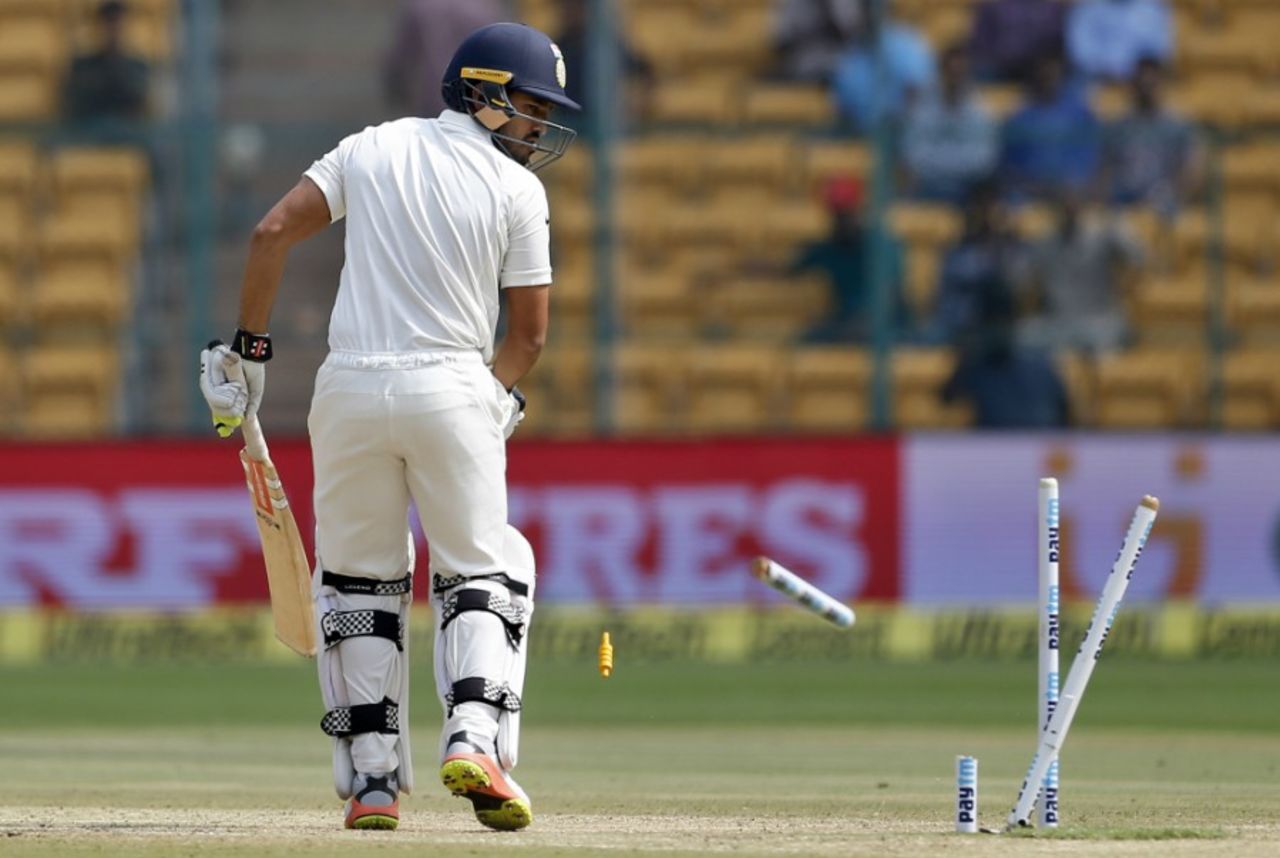Karun Nair's stumps were broken off the first ball he faced, India v Australia, 2nd Test, Bengaluru, 4th day, March 7, 2017