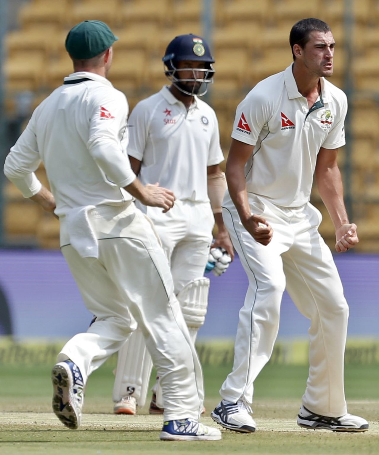 Mitchell Starc roars in delight after a wicket, India v Australia, 2nd Test, Bengaluru, 4th day, March 7, 2017