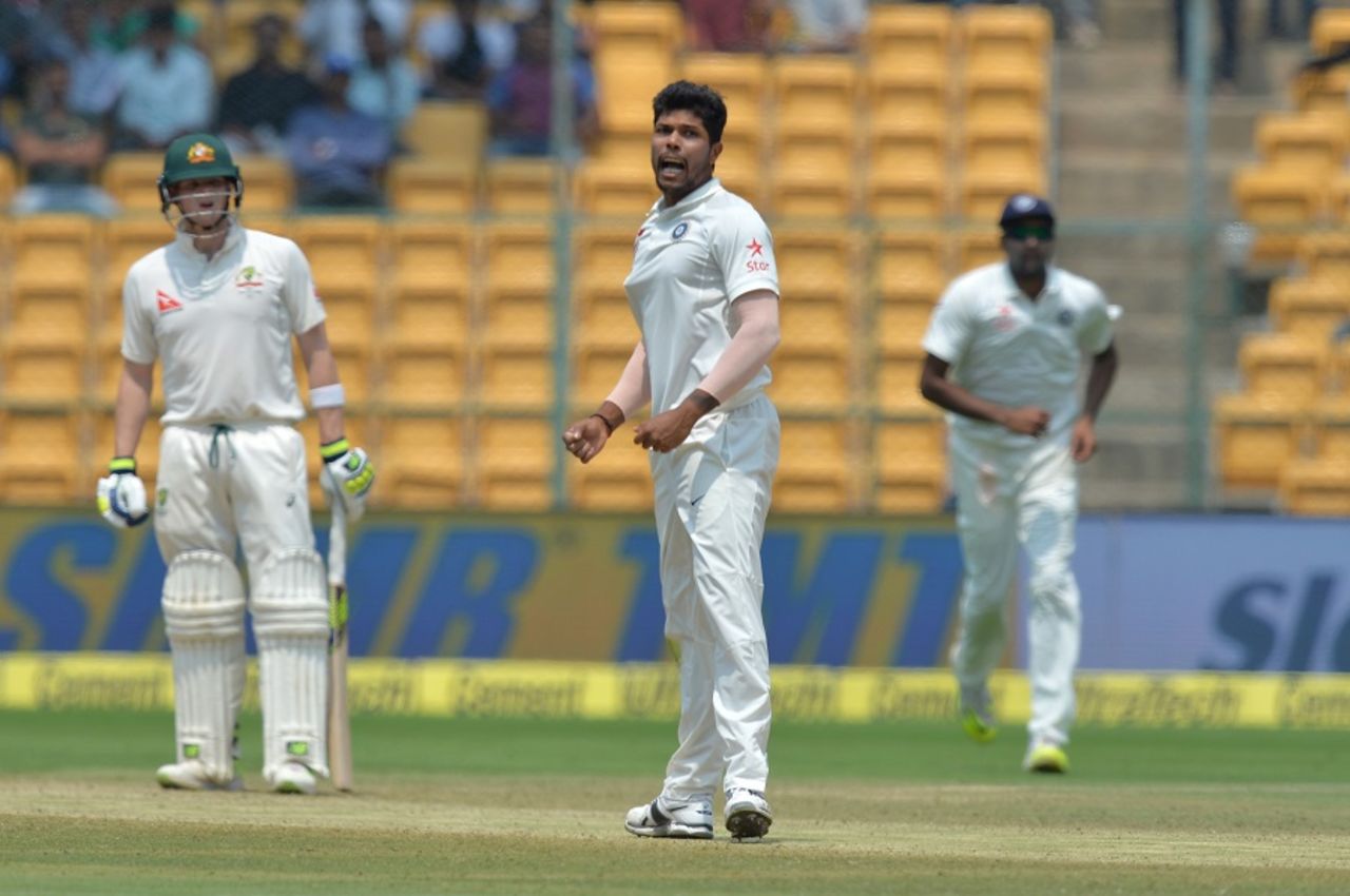 Umesh Yadav exults after sending back Shaun Marsh, India v Australia, 2nd Test, Bengaluru, 4th day, March 7, 2017