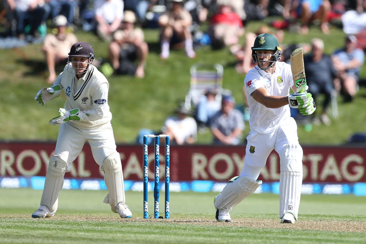 Faf du Plessis bunts one away on the off side, New Zealand v South Africa, 1st Test, Dunedin, 1st day, March 8, 2017 