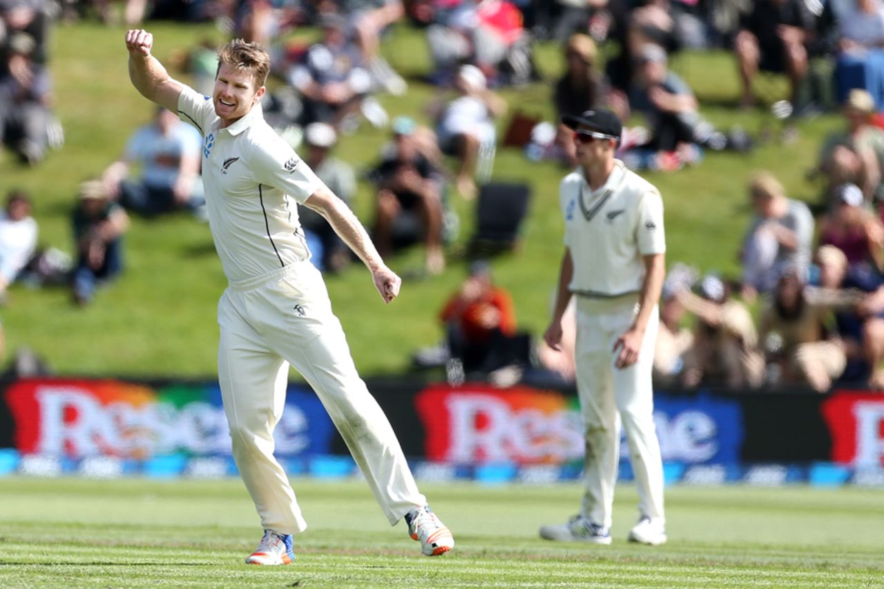 James Neesham exults after dismissing Faf du Plessis, New Zealand v South Africa, 1st Test, Dunedin, 1st day, March 8, 2017