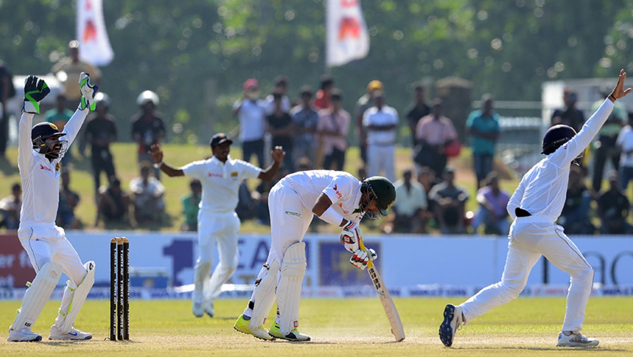 Sri Lanka's close-in fielders go up in appeal for an lbw against Soumya Sarkar, Sri Lanka v Bangladesh, 1st Test, Galle, 2nd day, March 8, 2017