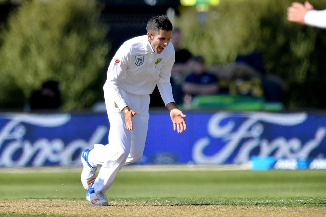 Keshav Maharaj was thrilled to dismiss Jeet Raval, New Zealand v South Africa, 1st Test, Dunedin, 2nd day, March 9, 2017
