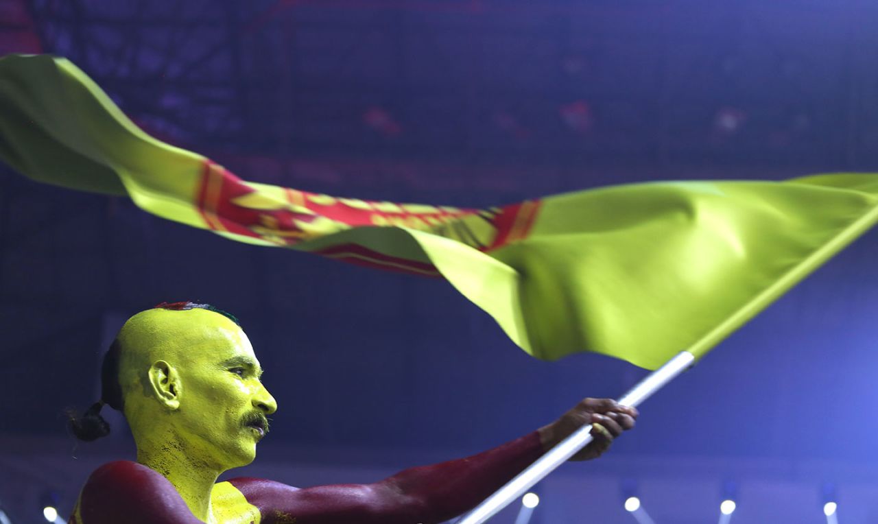 Sudhir Gautam waves the flag of the Bengaluru Blasters in the Premier Badminton League, January 2017