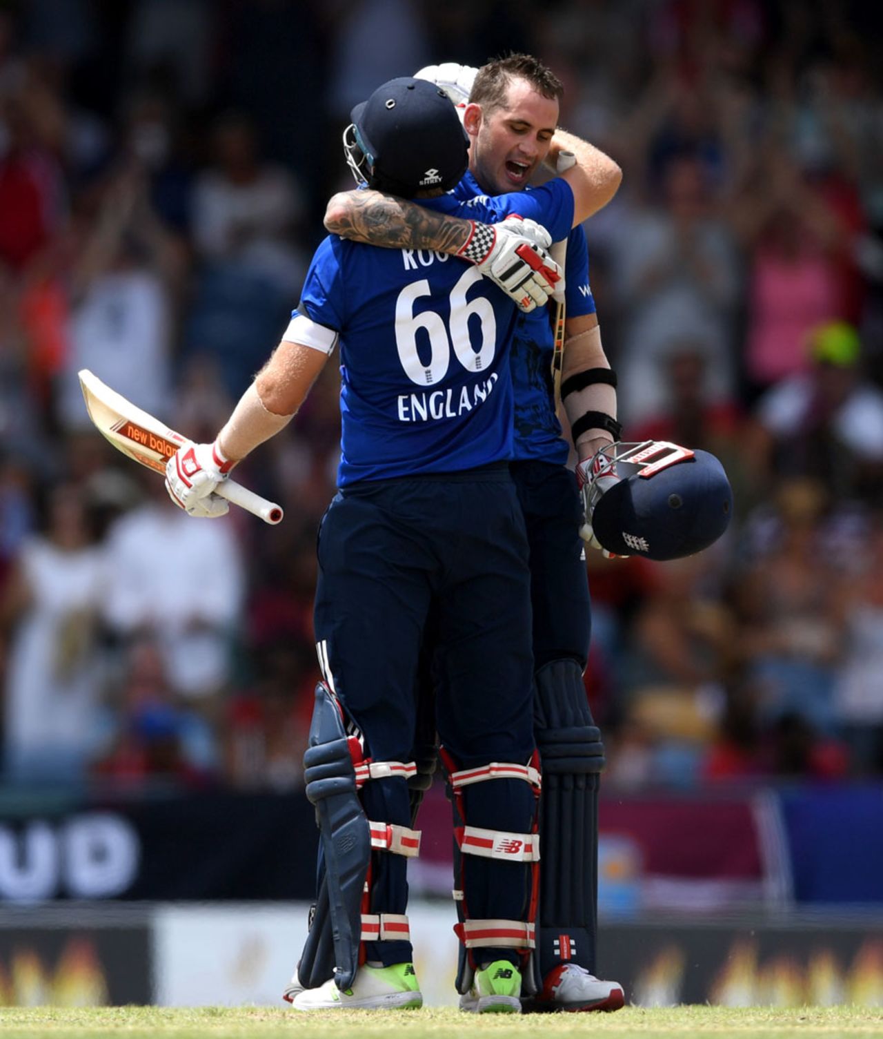 Alex Hales gets a hug from Joe Root, West Indies v England, 3rd ODI, Barbados, March 9, 2017