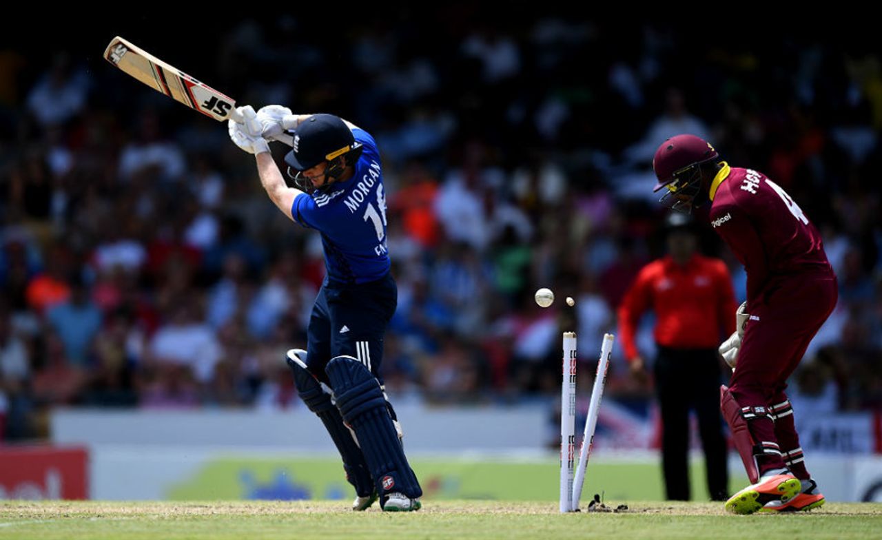 Eoin Morgan was bowled by Ashley Nurse for 11, West Indies v England, 3rd ODI, Barbados, March 9, 2017