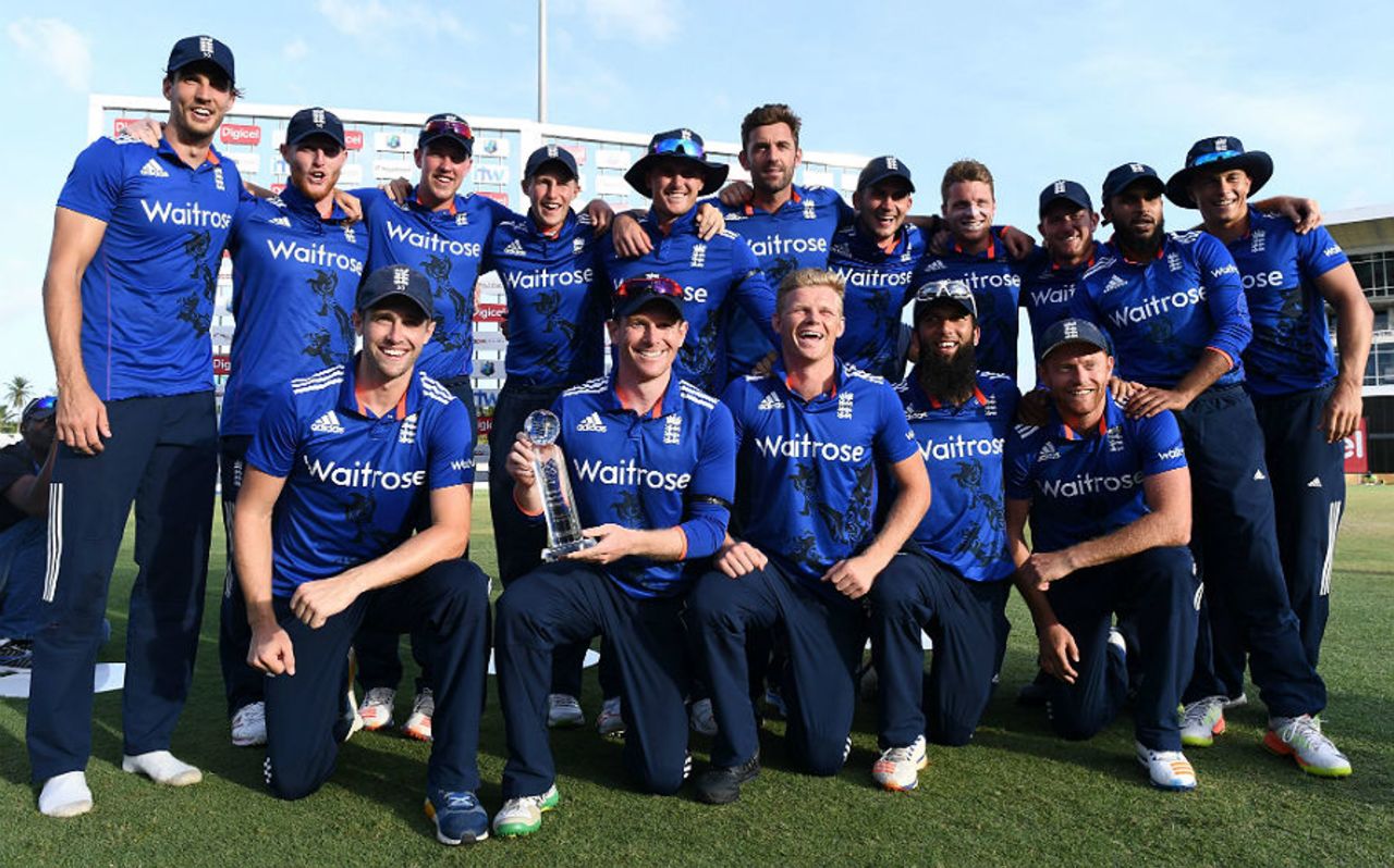 England's victorious cricketers pose with the series trophy, West Indies v England, 3rd ODI, Barbados, March 9, 2017
