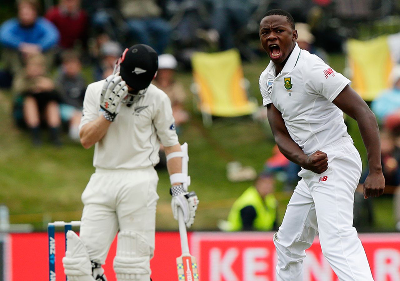 Kagiso Rabada is pumped after dismissing Kane Williamson, New Zealand v South Africa, 1st Test, Dunedin, 3rd day, March 10, 2017