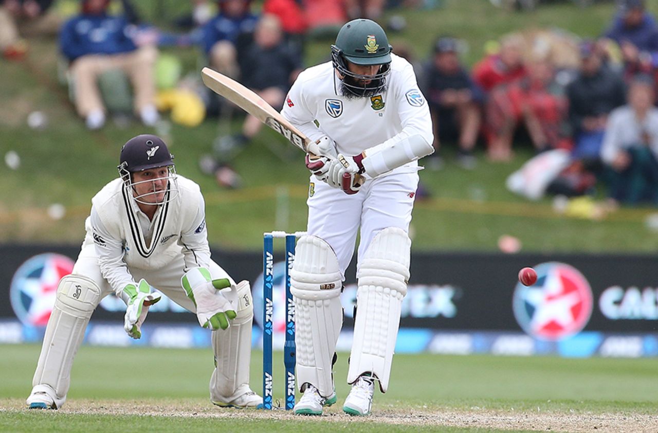 Hashim Amla is watchful as he gets in line to play a ball, New Zealand v South Africa, 1st Test, Dunedin, 3rd day, March 10, 2017