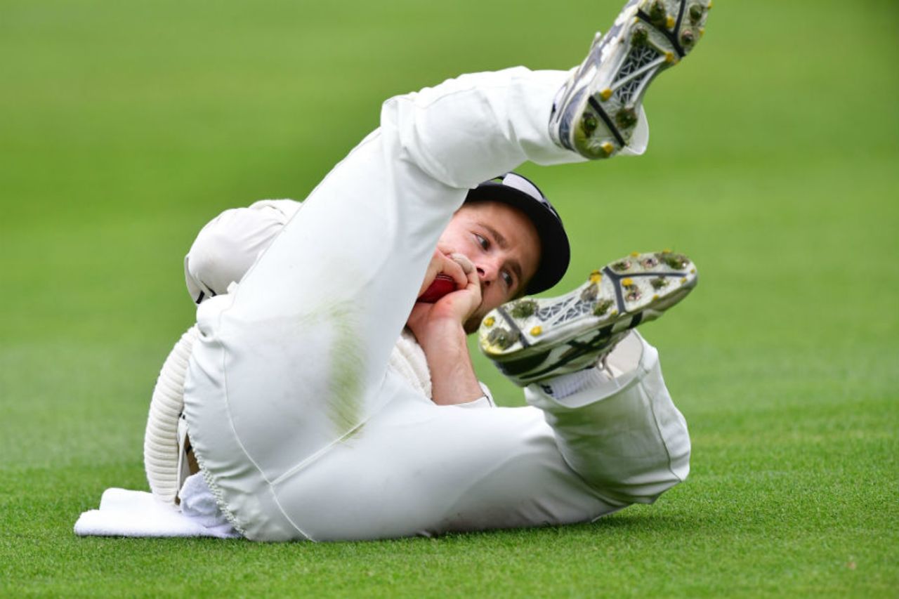 Kane Williamson completed a tumbling catch at mid-off to send back Dean Elgar, New Zealand v South Africa, 1st Test, Dunedin, 3rd day, March 11, 2017