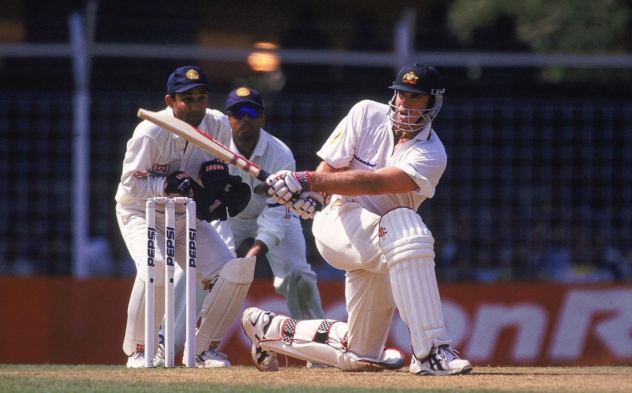 Matthew Hayden plays the sweep on his way to a century, India v Australia, 1st Test, Mumbai, 2nd day, February 28, 2001