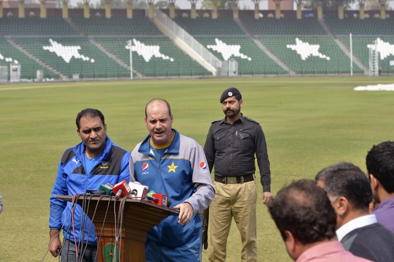 Pakistan coach Mickey Arthur addresses reporters at Gaddafi stadium, Lahore, March 11, 2017 