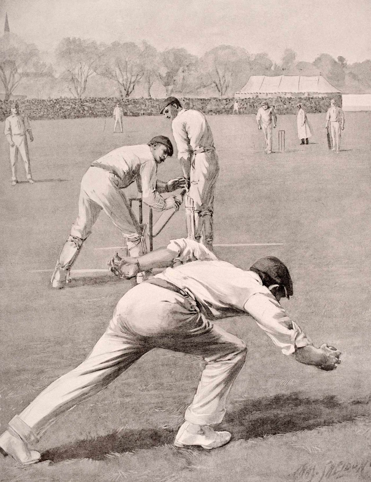 An illustration of Len Braund taking a catch off Clem Hill, England v Australia, first Test, day two, Edgbaston, May 30, 1902 