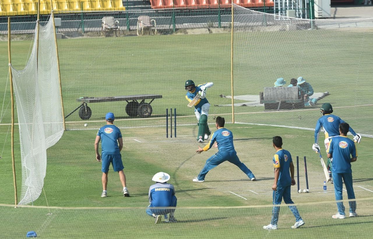Azhar Ali bats against Yasir Shah at a training camp, Lahore, March 13, 2017