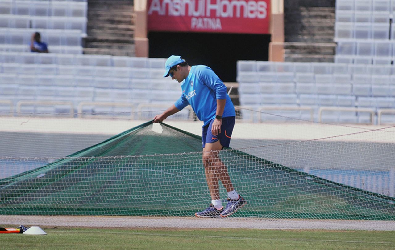India coach Anil Kumble takes a look at the Ranchi pitch during a training session, Ranchi, March 14, 2017