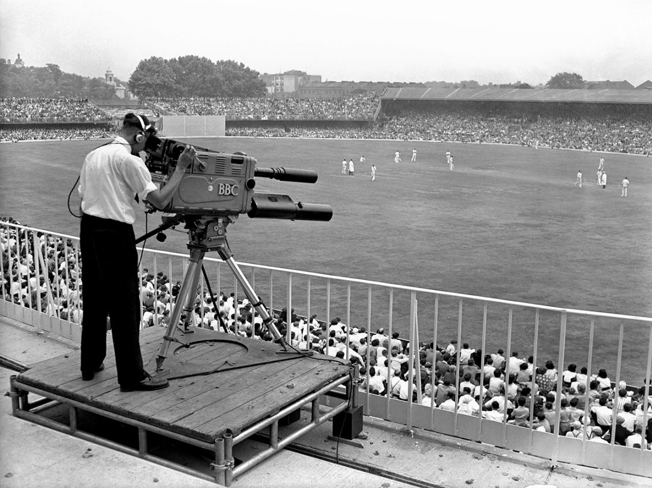 A BBC cameraman covers the Test, England v West Indies, 2nd Test Lord's, 3rd day, June 22, 1957