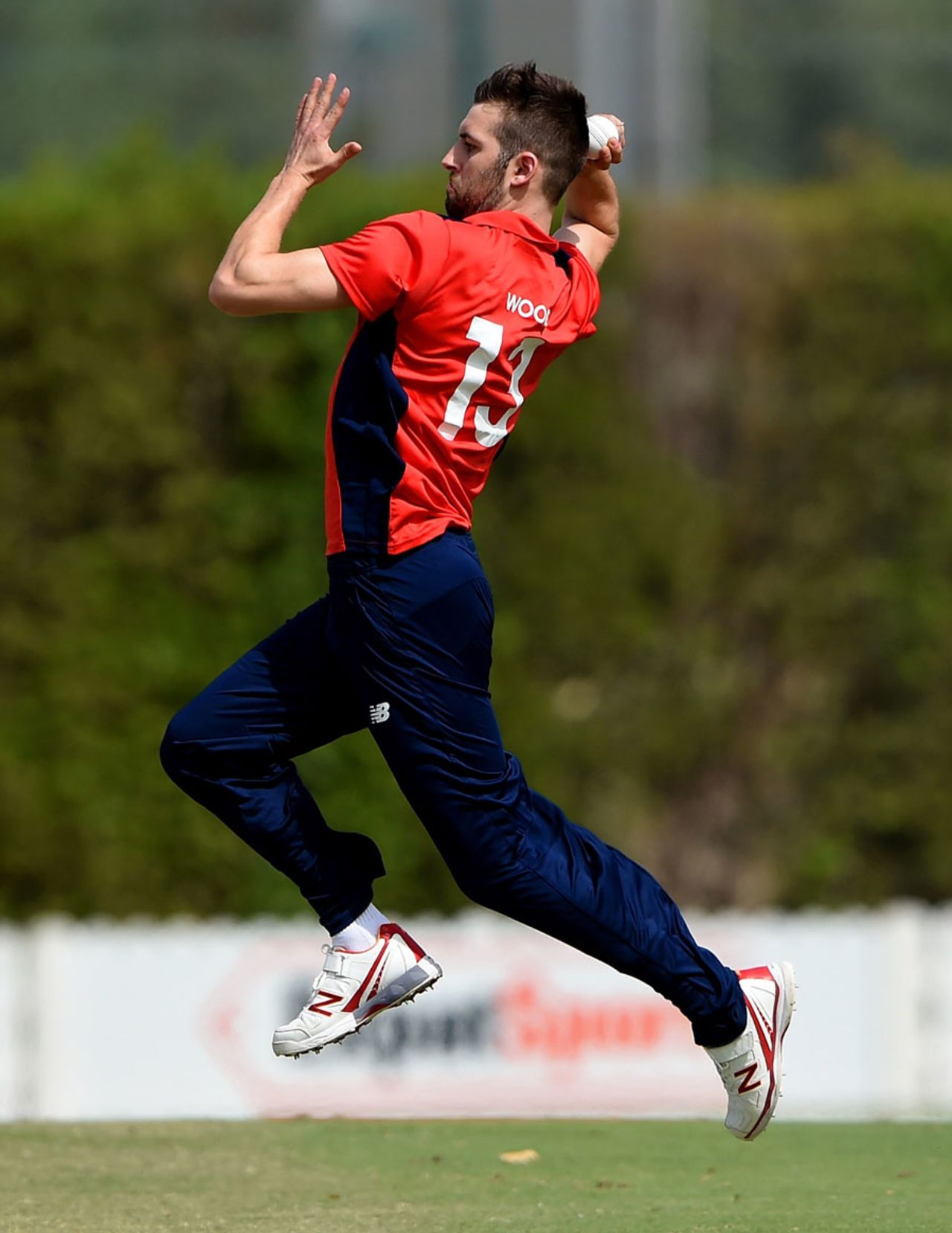 Mark Wood launches into his delivery stride, North v Worcestershire, ECB North v South series warm-up, Dubai, March 15, 2017