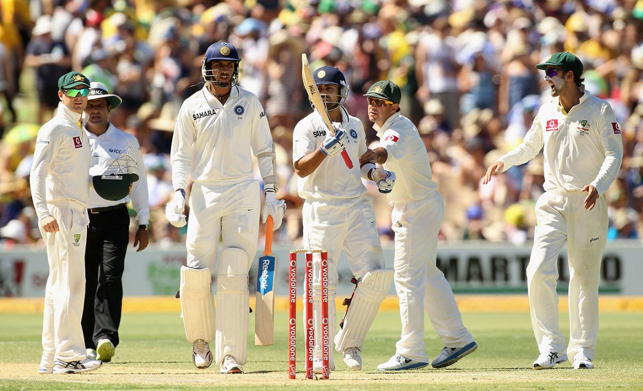 Ricky Ponting restrains Virat Kohli as he argues with Australian players, Australia v India, fourth Test, day three, Adelaide, January 26, 2012