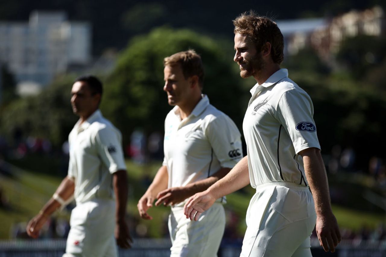 Kane Williamson walks off the field after the anthems, New Zealand v South Africa, 2nd Test, Wellington, 1st day, March 16, 2017
