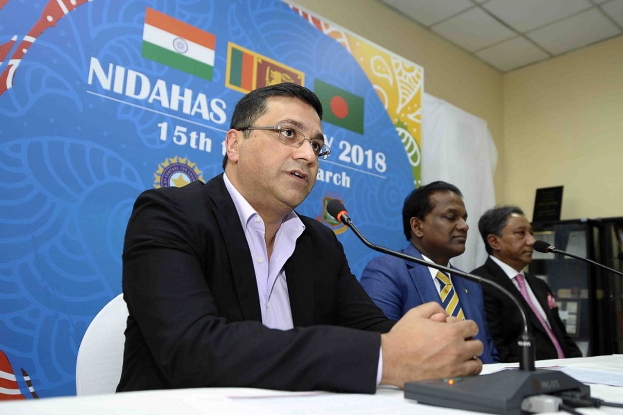 Rahul Johri, Thilanga Sumathipala and Nazmul Hasan at the announcement of the triangular series, Colombo, March 16, 2017
