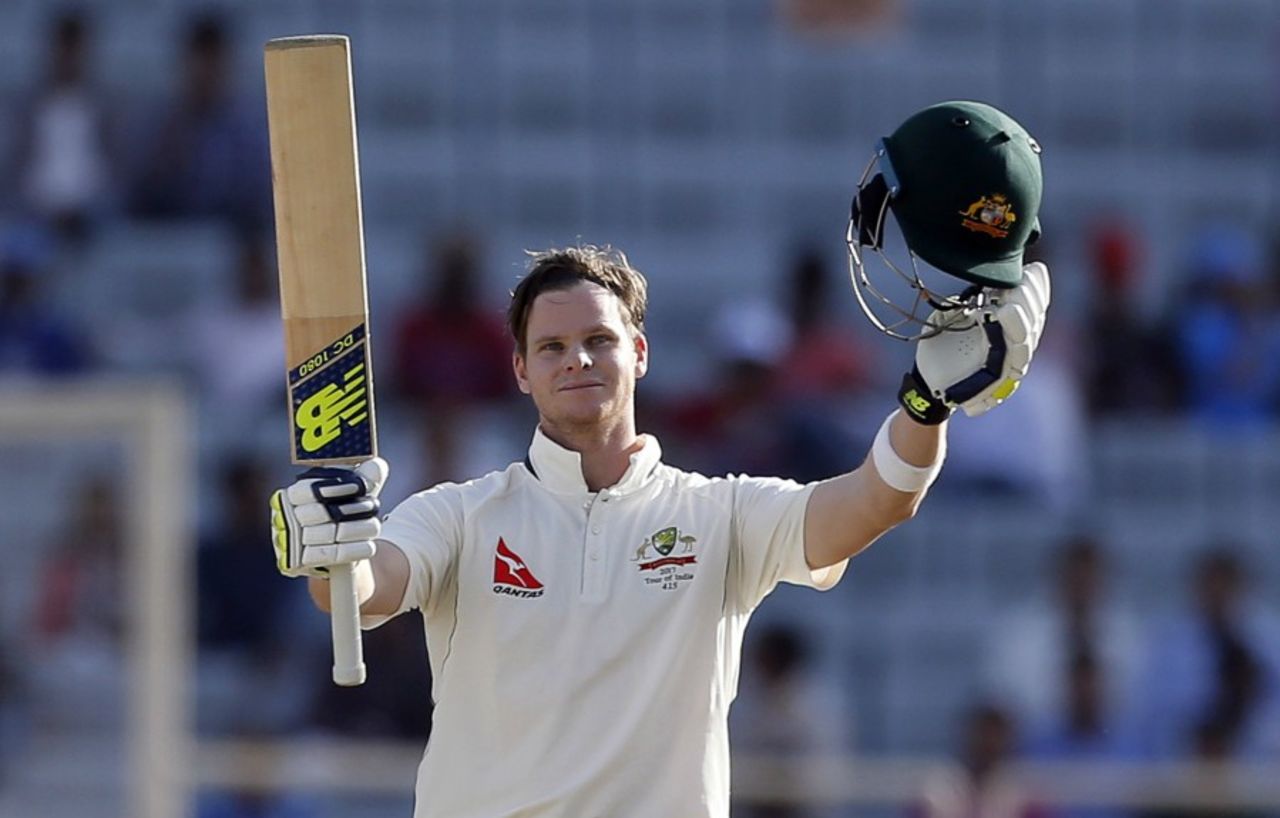 Steven Smith celebrates his second hundred of the series, India v Australia, 3rd Test, Ranchi, 1st day, March 16, 2017
