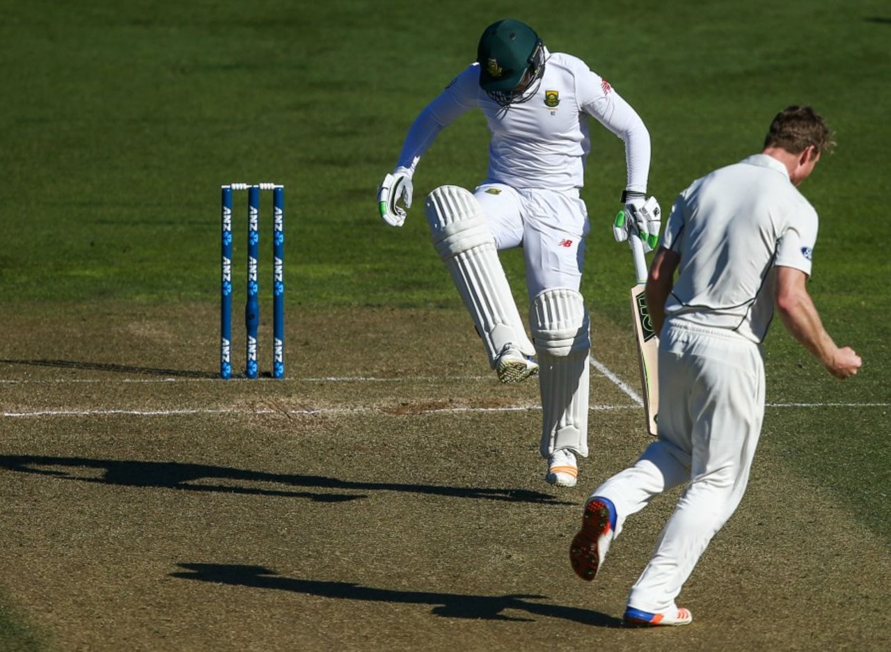 James Neesham celebrates Quinton de Kock's wicket, New Zealand v South Africa, 2nd Test, Wellington, 2nd day, March 17, 2016