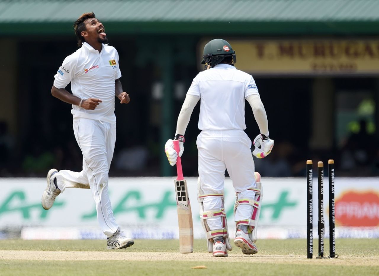Suranga Lakmal is overjoyed after bowling Mushfiqur Rahim, Sri Lanka v Bangladesh, 2nd Test, Colombo, 3rd day, March 17, 2017