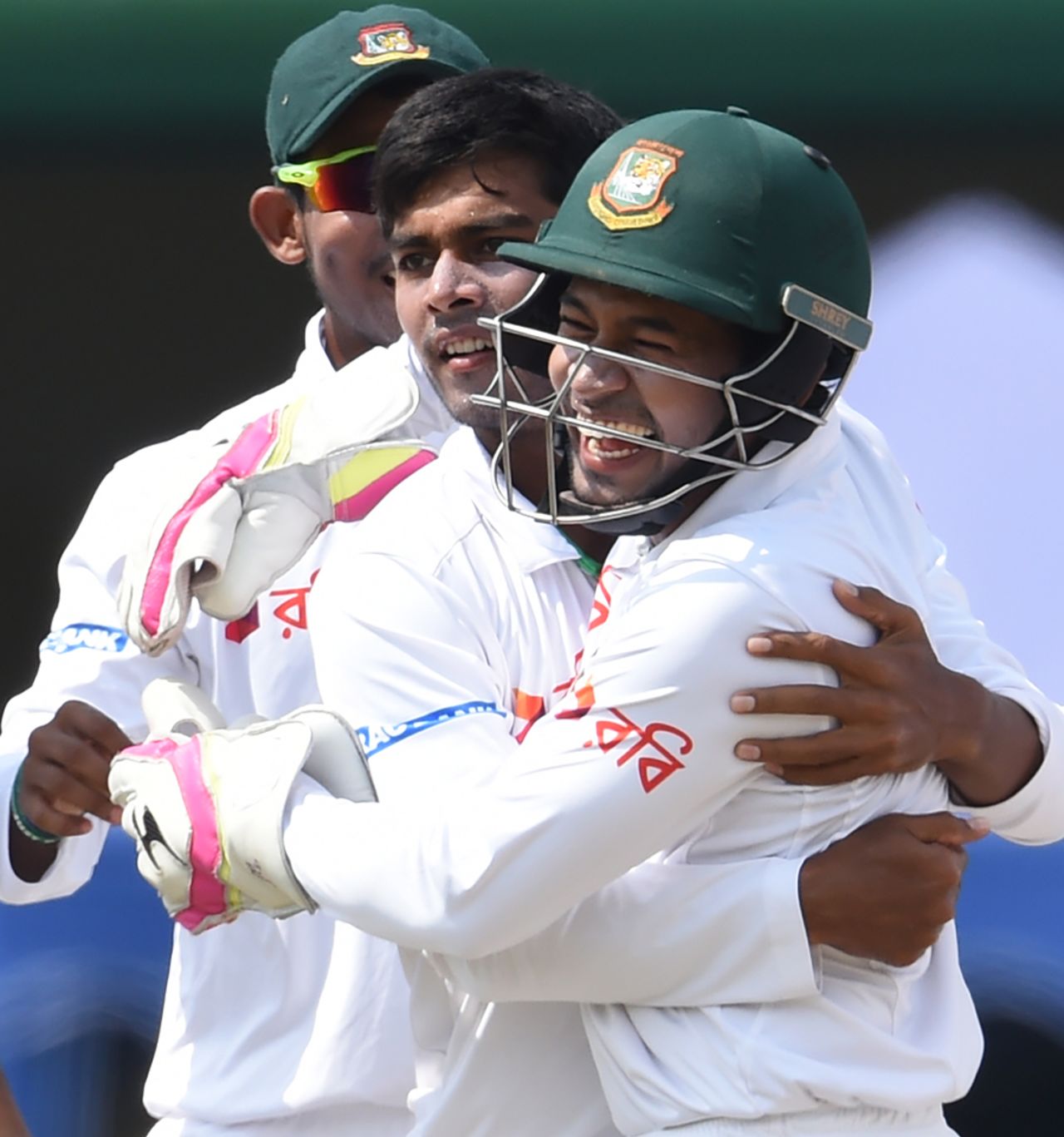 Mehedi Hasan Miraz gets a hug from his captain Mushfiqur Rahim, Sri Lanka v Bangladesh, 2nd Test, Colombo, 4th day, March 18, 2017