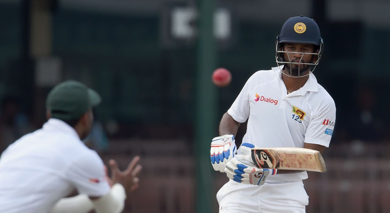 Dimuth Karunaratne watches the ball in his follow through, Sri Lanka v Bangladesh, 2nd Test, Colombo, 4th day, March 18, 2017
