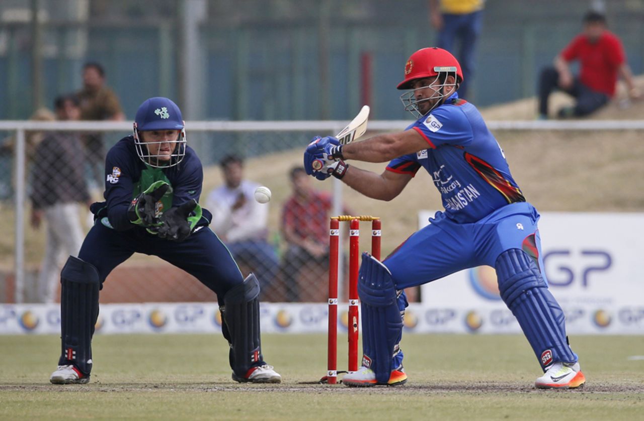 Samiullah Shenwari lays into a cut shot, Afghanistan v Ireland, 3rd ODI, Greater Noida, March 19, 2017
