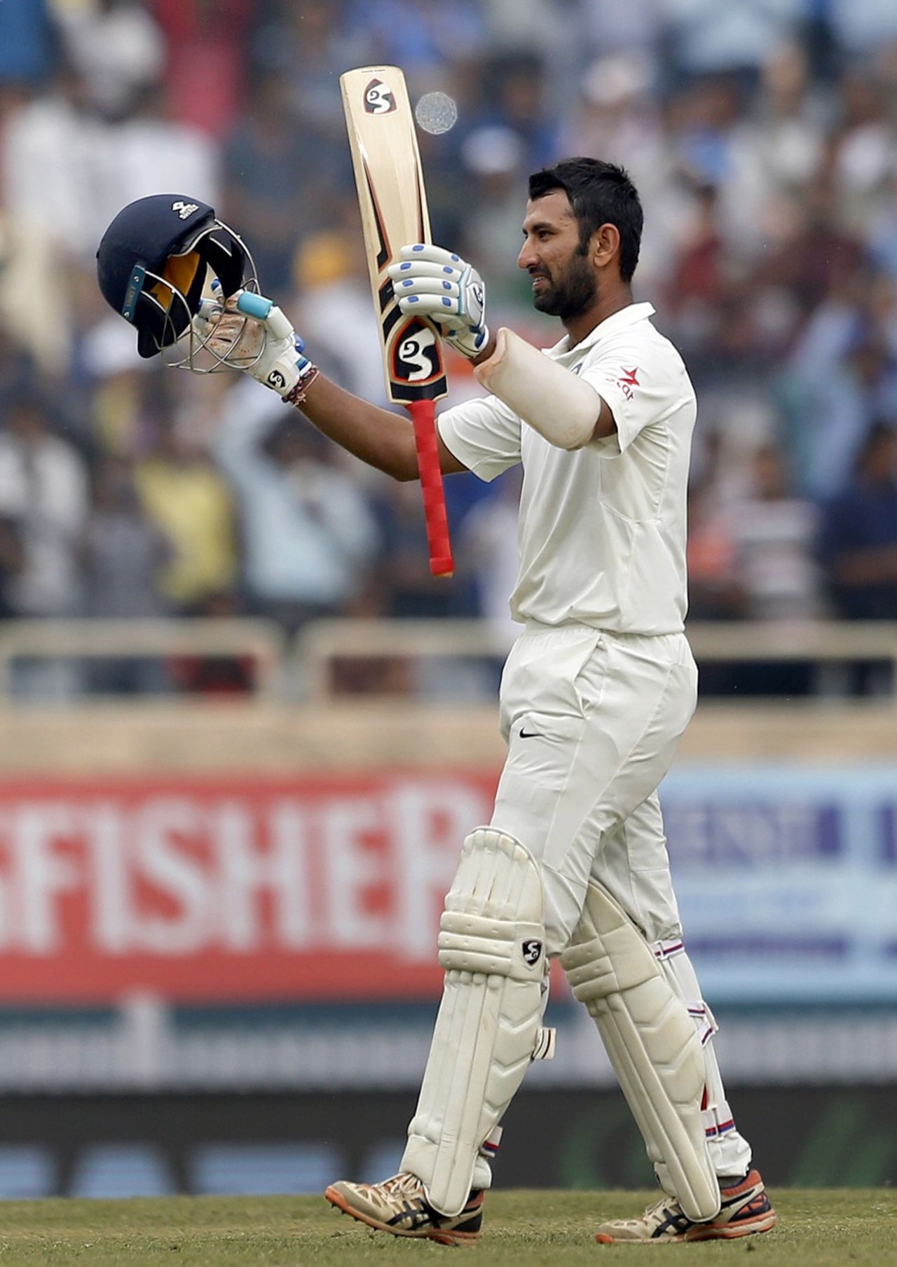Cheteshwar Pujara celebrates after reaching his third double century in Tests, India v Australia, 3rd Test, Ranchi, 4th day, March 19, 2017